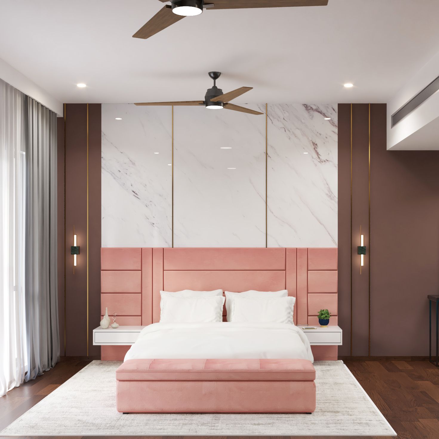 Modern Guest Bedroom With A Queen Size Bed And Wall-Mounted Side Tables