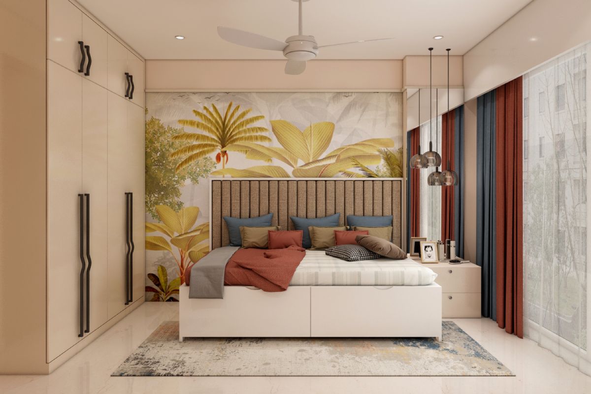 Eclectic Master Bedroom Design With Tropical Wallpaper And Beige Headboard