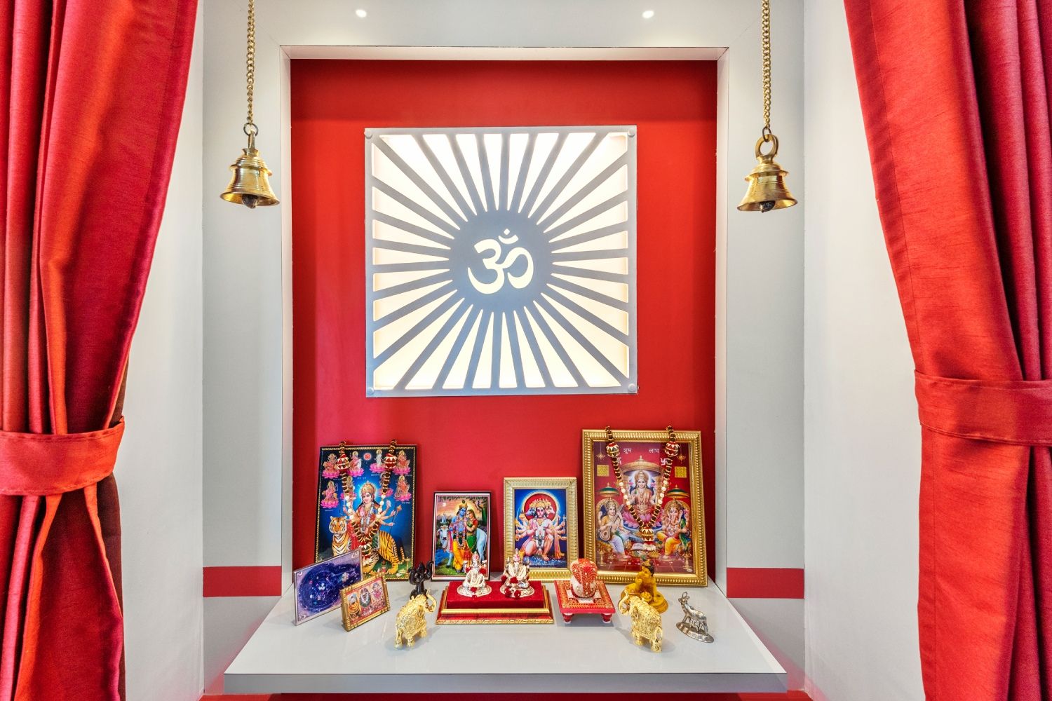 Modern Floor-Mounted Mandir Unit with Cardinal Red Accents And Om Mandala Wall Design
