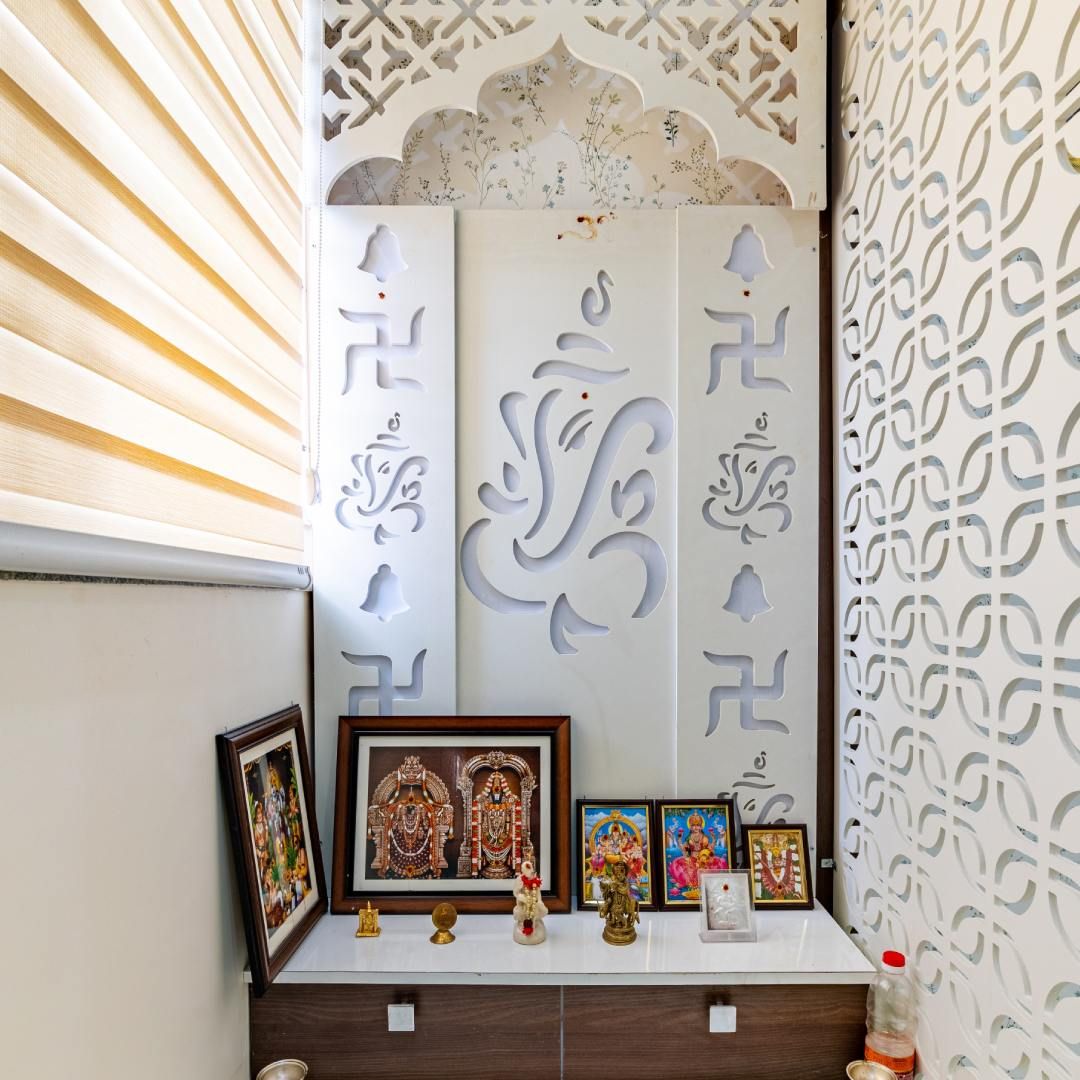 Modern Floor-Mounted Pooja Room With A Marble Countertop