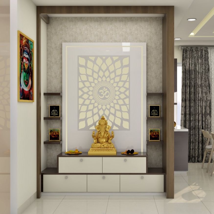 Modern Pooja Room With A Grey Textured Wallpaper And Profile Light