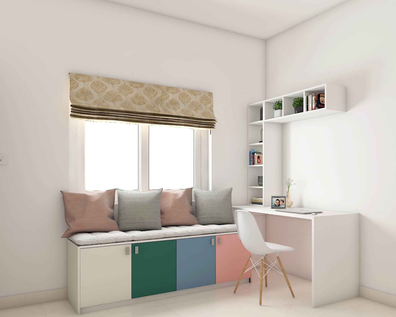 Study Room With Minimalist Interior Design And Colourful Seater Storage With Integrated Grey Wardrobe Design