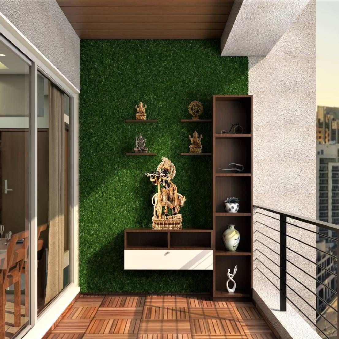 Modern Balcony Design With Turf Grass Wall And Wooden Unit