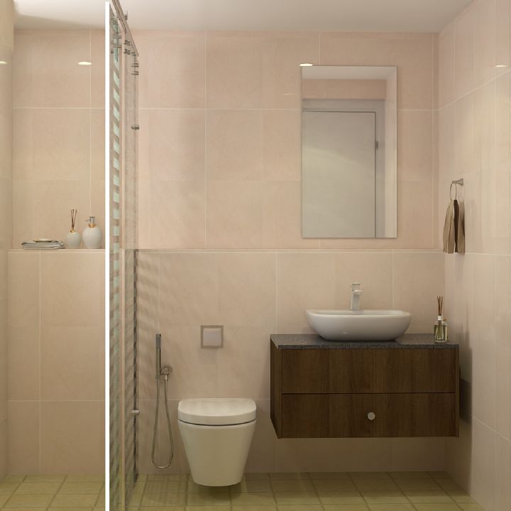 Modern Small Bathroom Design Idea With Beige Glossy Tiles