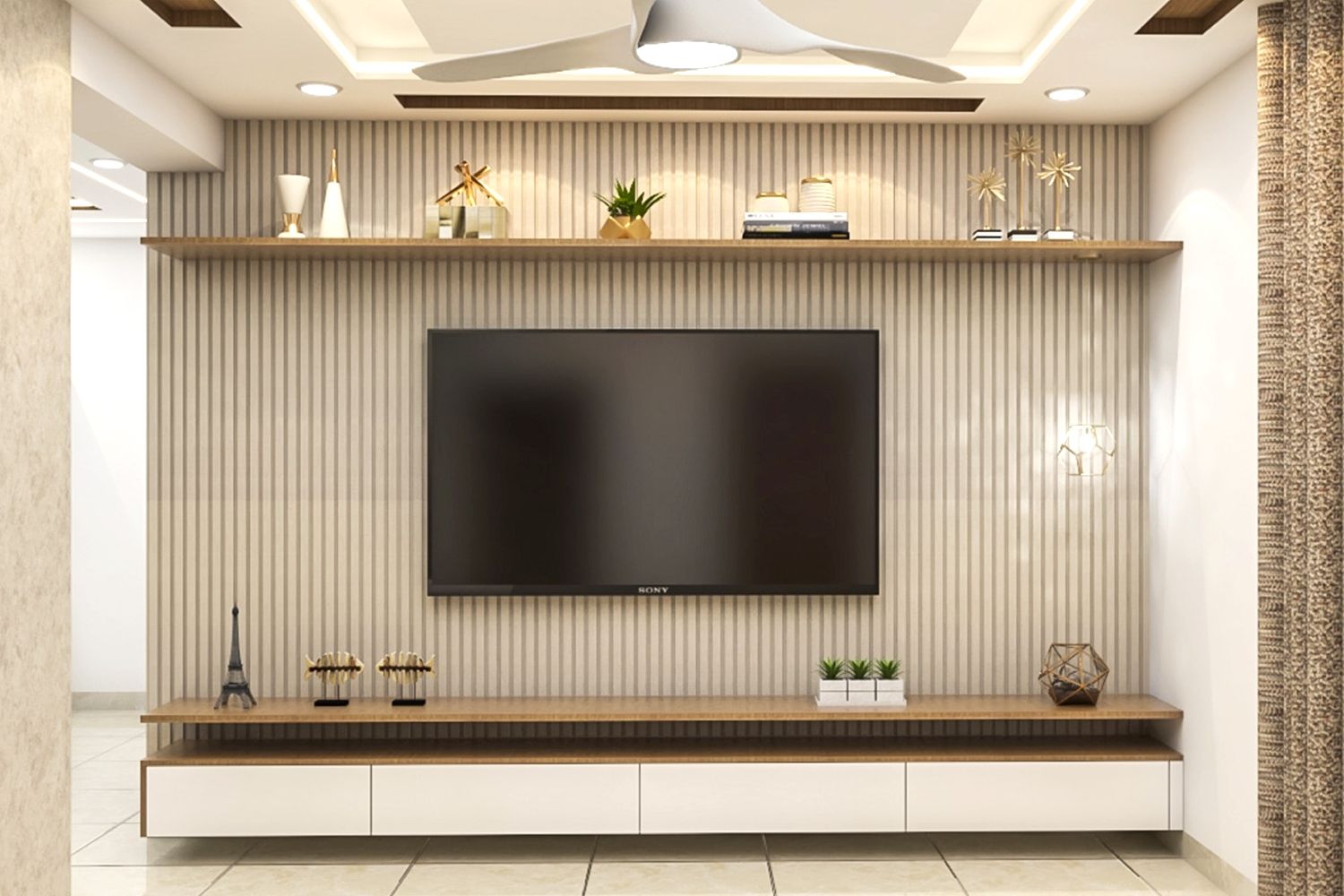Contemporary Persian Walnut and Frosty White TV Unit Design with Wall-Mounted Cabinet
