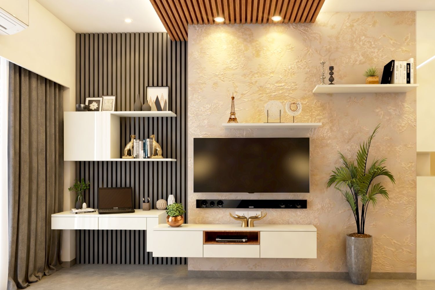 Contemporary Frosty White TV Unit Design with Wall-Mounted Cabinet and Open Rack