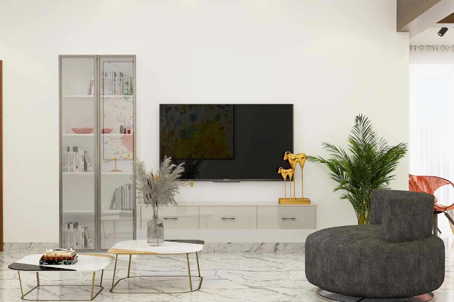 Contemporary Grey TV Unit Design With Floating Console And Storage Cabinet