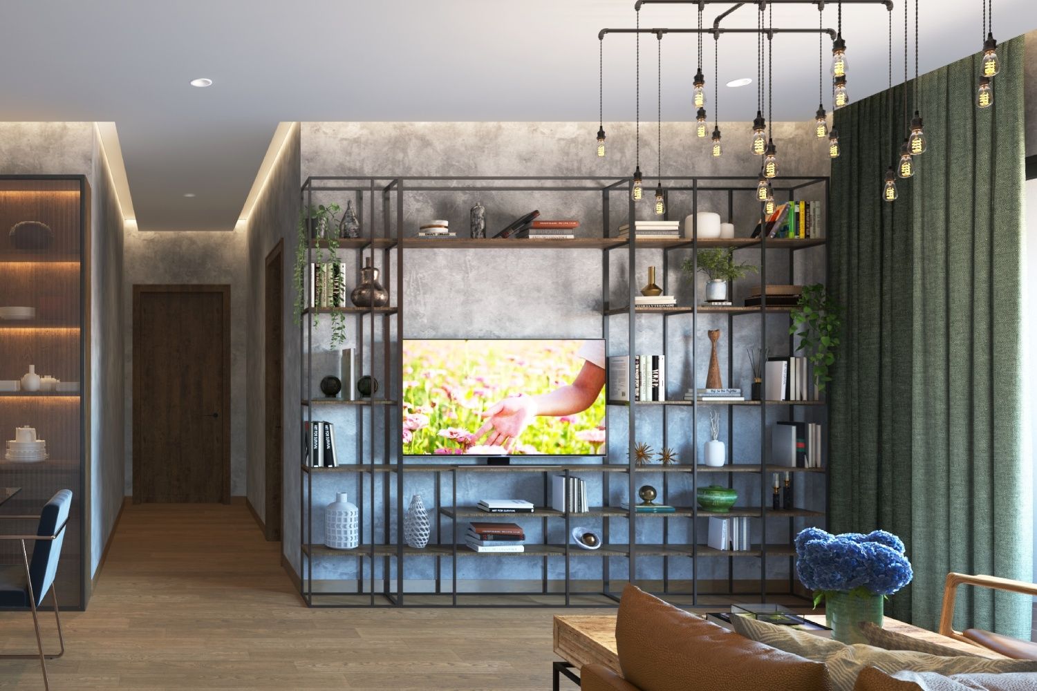 Industrial TV Unit Design With Metallic And Wooden Frame in Black and Brown