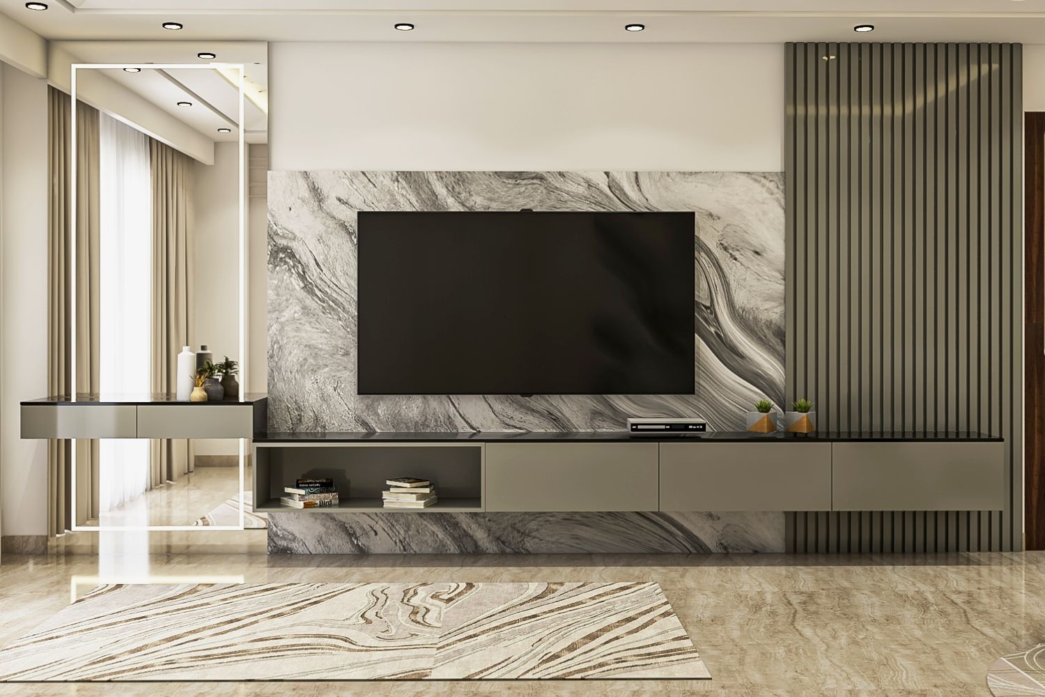 Contemporary Dove Grey TV Unit Design with Wall-Mounted Cabinet and Open Storage