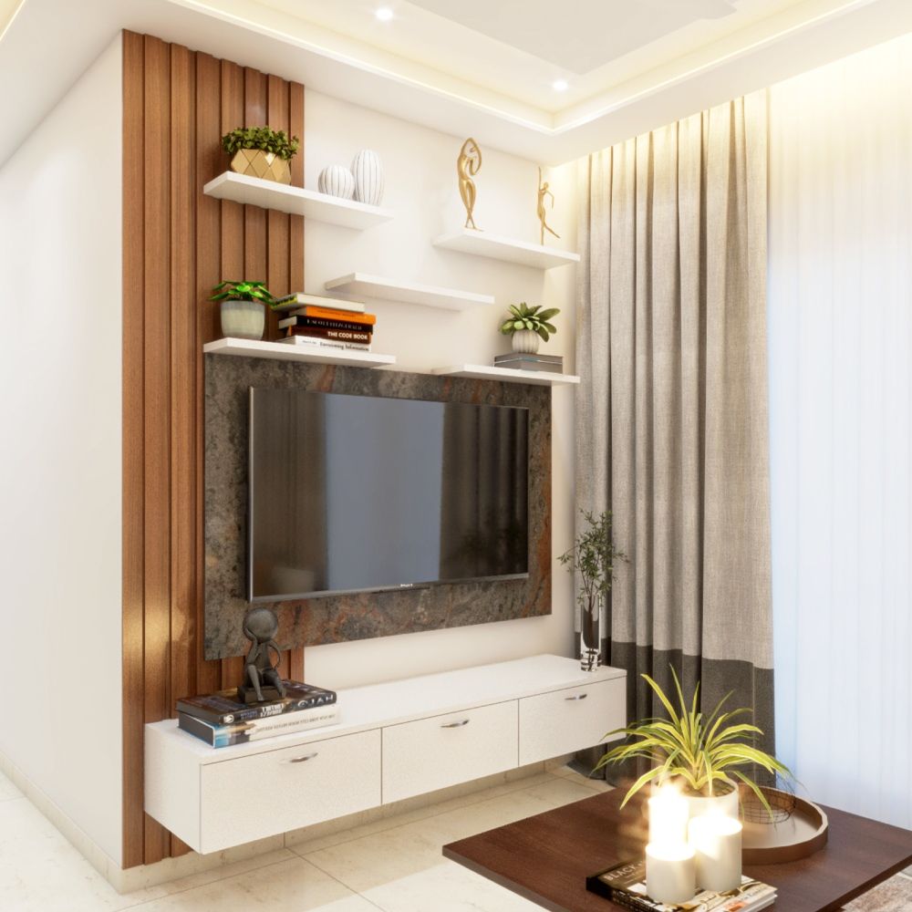 Modern Frosty White TV Unit Design with Wall-Mounted Cabinet and Open Wall Rack