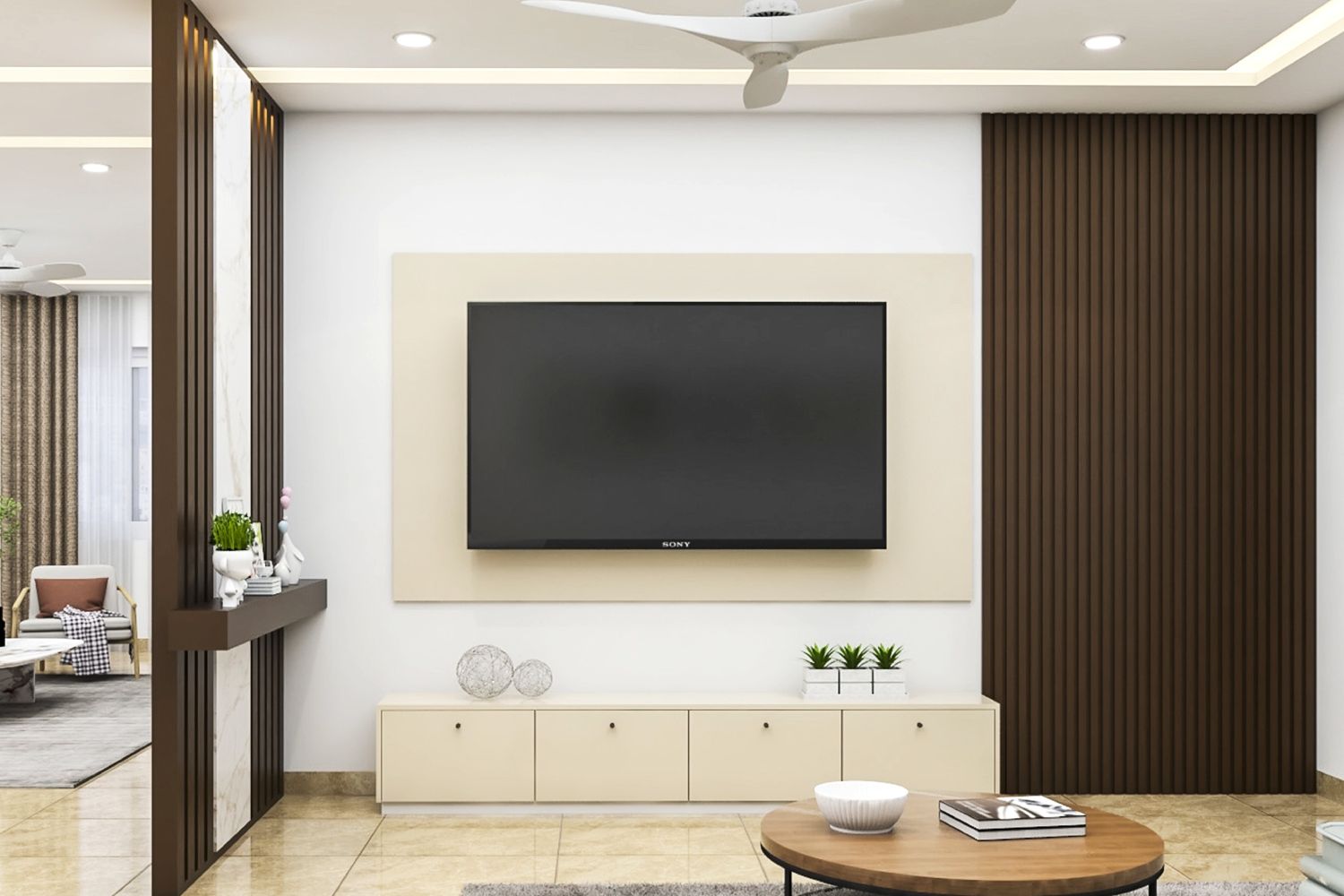 Modern Champagne TV Unit Design with Floor-Mounted Cabinet and Drawer Storage