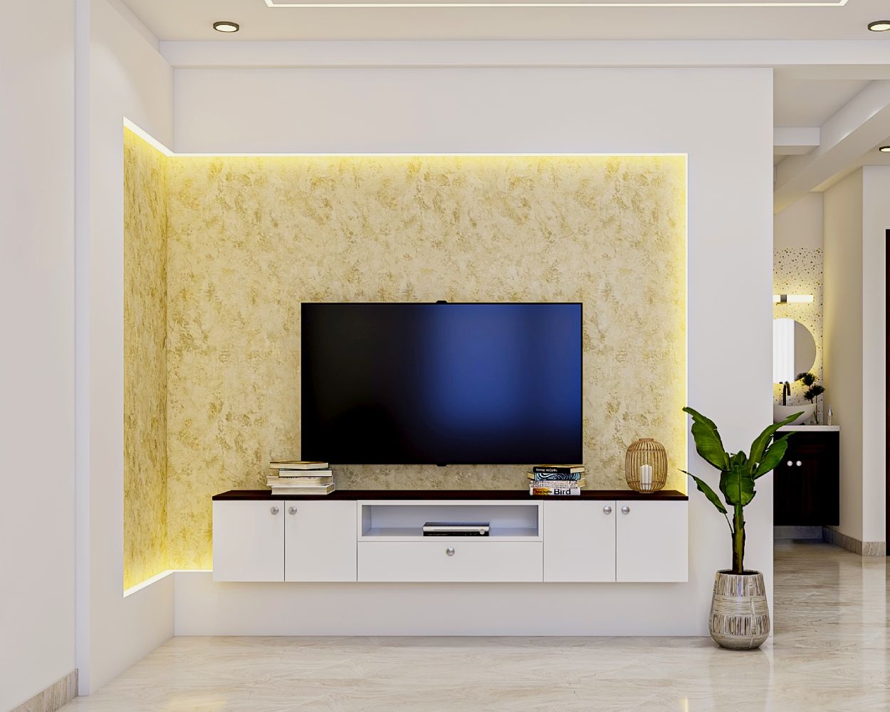Modern Frosty White Wall Mount TV Unit Design with Drawer Storage