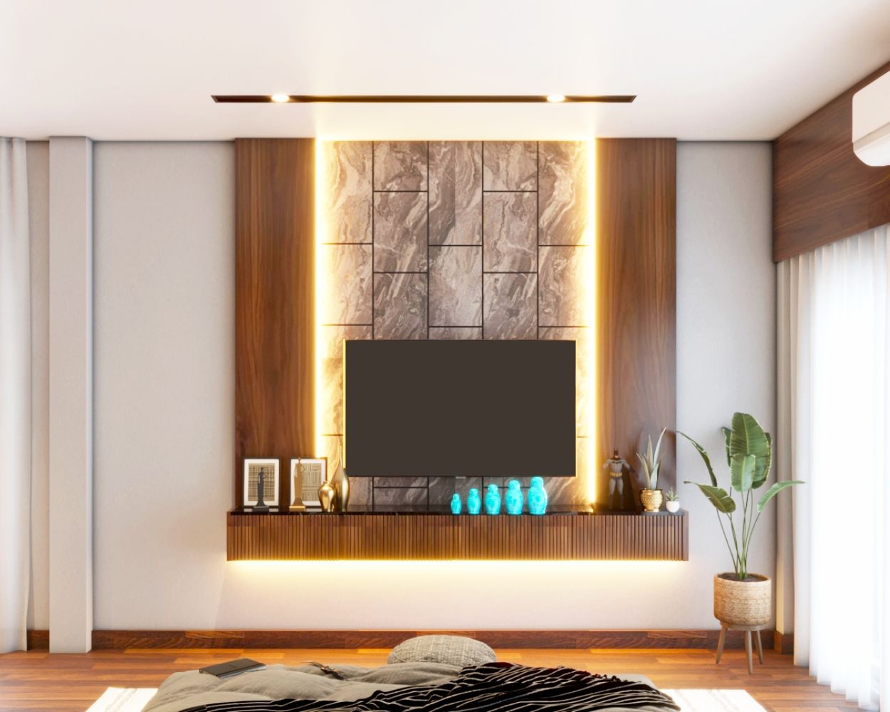 Contemporary Persian Walnut TV Unit Design with Marble Tile Wall and Drawer Storage