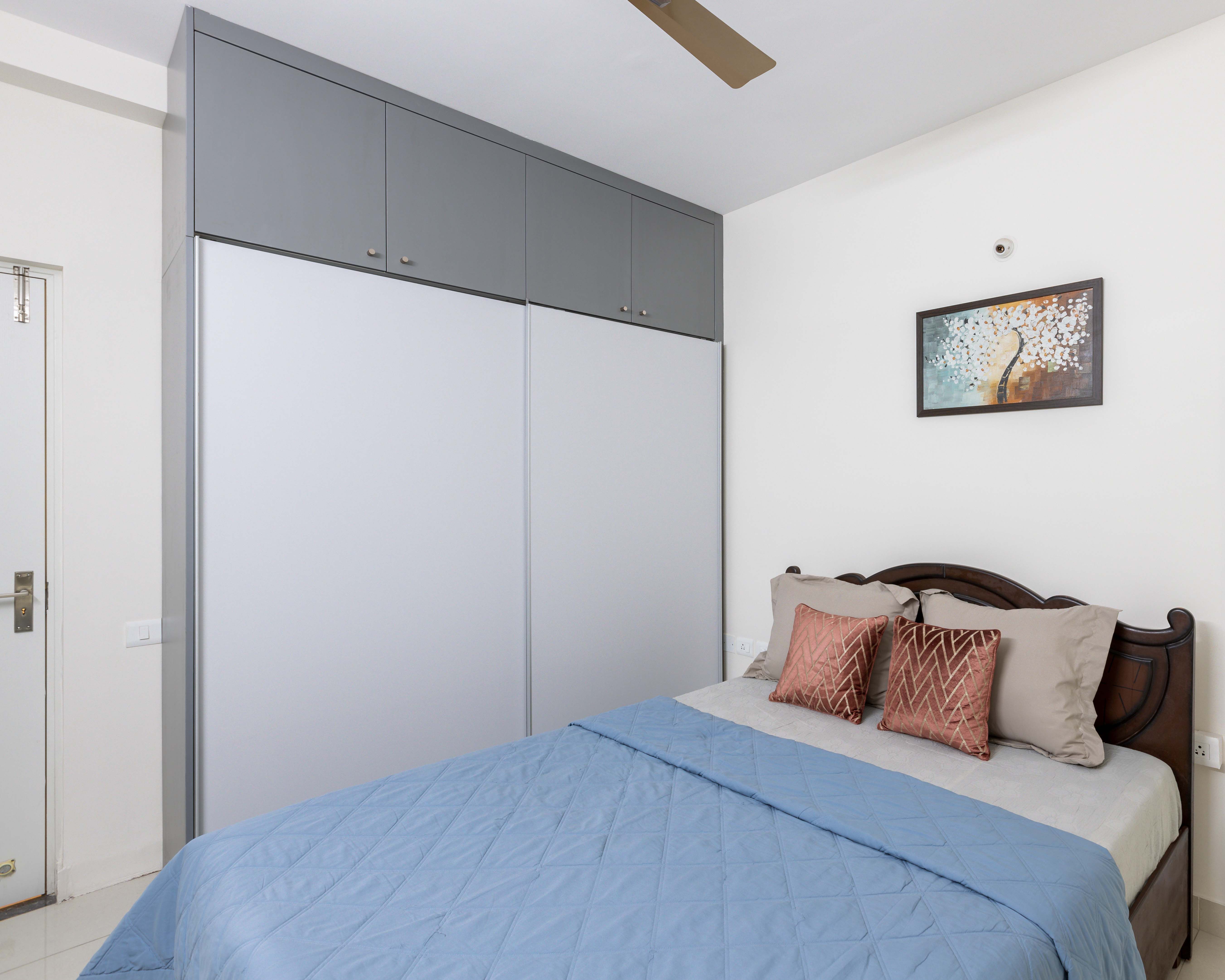 Modern Smoke Grey and Dove Grey Sliding Door Wardrobe Design with Suede Laminate Finish
